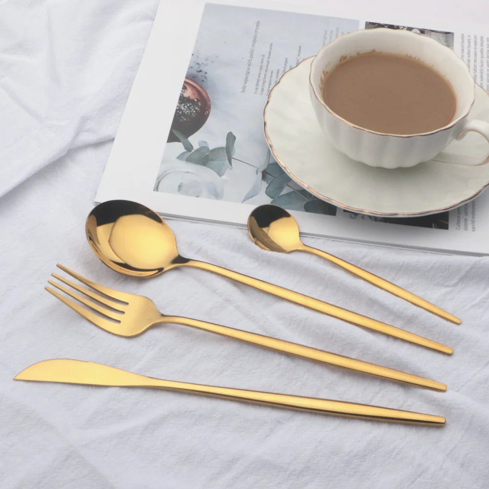 

24Pcs Dinnerware Set Stainless Steel Cutlery Set Kitchen Glossy Gold Tableware Set Knife Fork Spoon Black Gold Silverware Sets