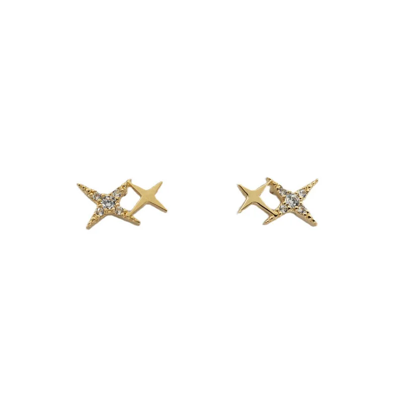 

925 Sterling Silver 14K Gold Plated Earrings Shining Four-corner Small Star Zircon Simple Temperament Ins Wind