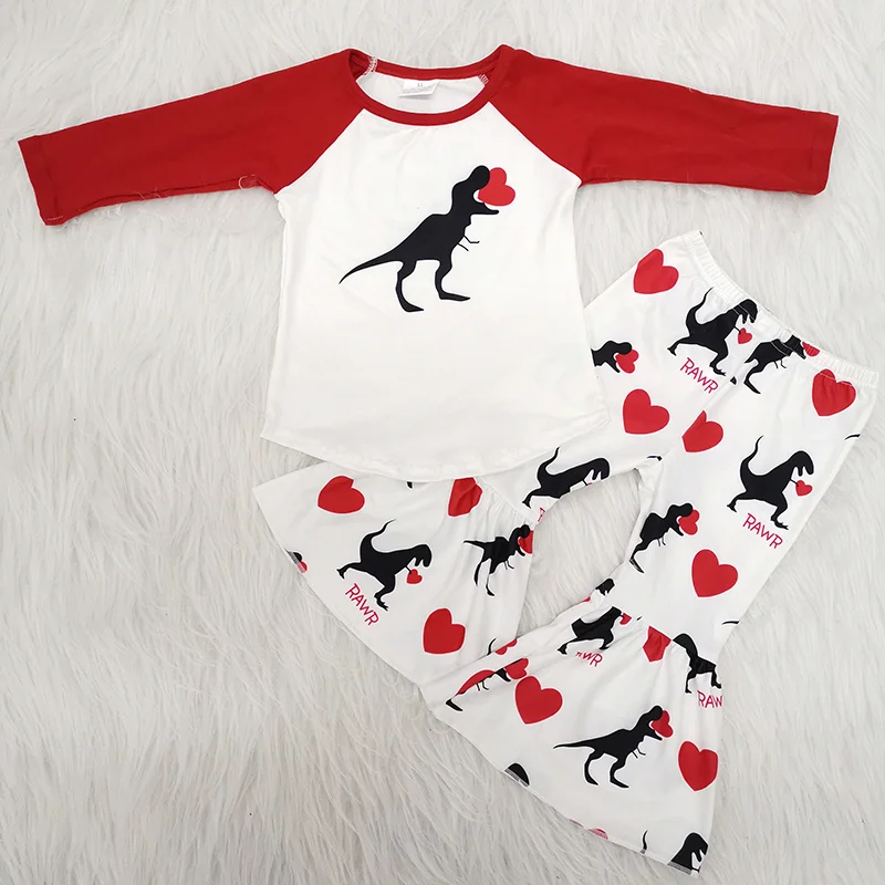 Factory Bulk Cotton Love Dinosaur Children Shirt Girls Bell Bottoms Outfits Toddler Clothing Baby Girl Outfits