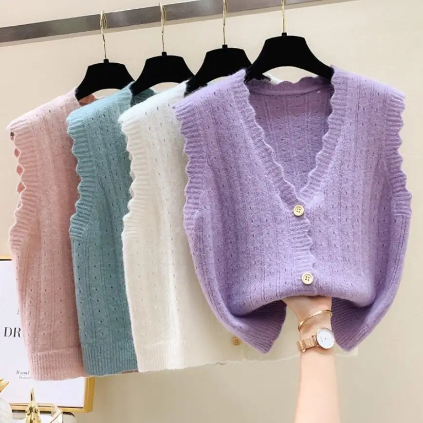 

2021 Autumn New Korean Pullover Loose Women Sweater Vest Outerwear V-Neck Sleeveless Short Knit Waistcoat Vest Women
