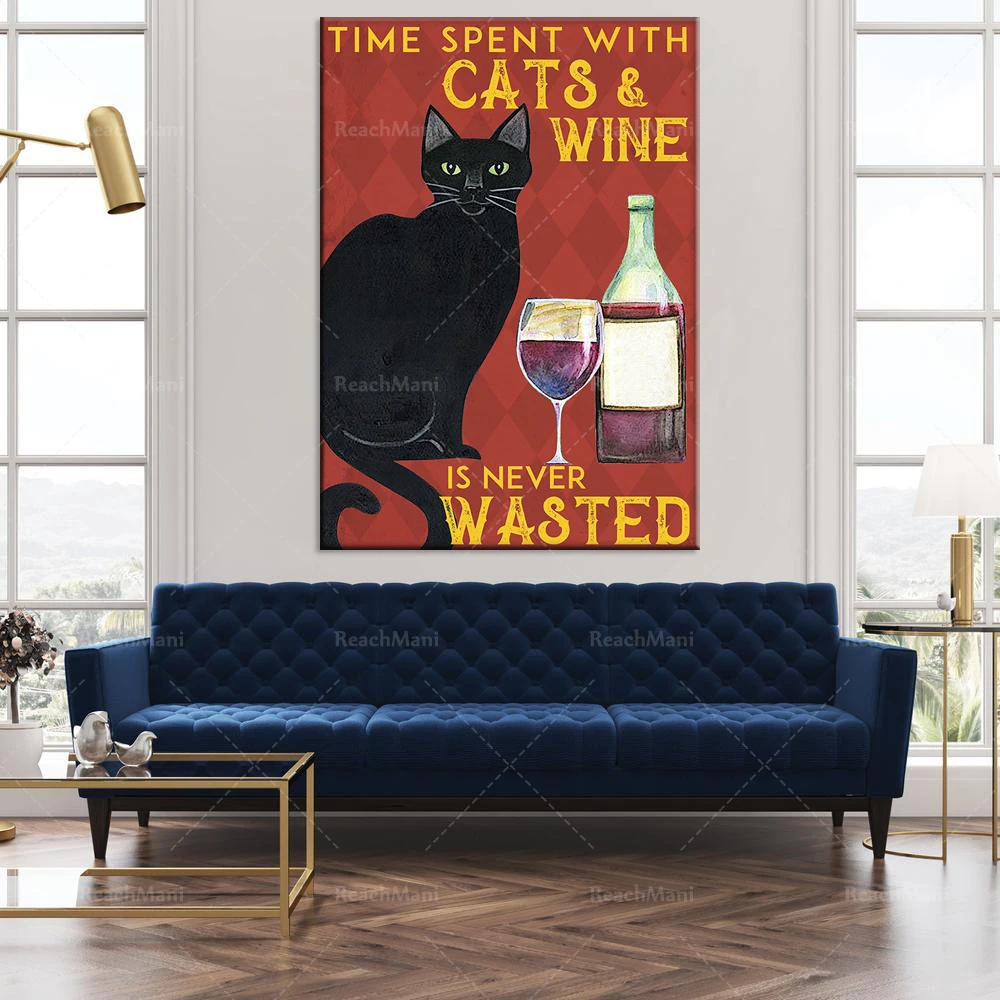 Постер для влюбленных с черной кошкой Время кошками и вином