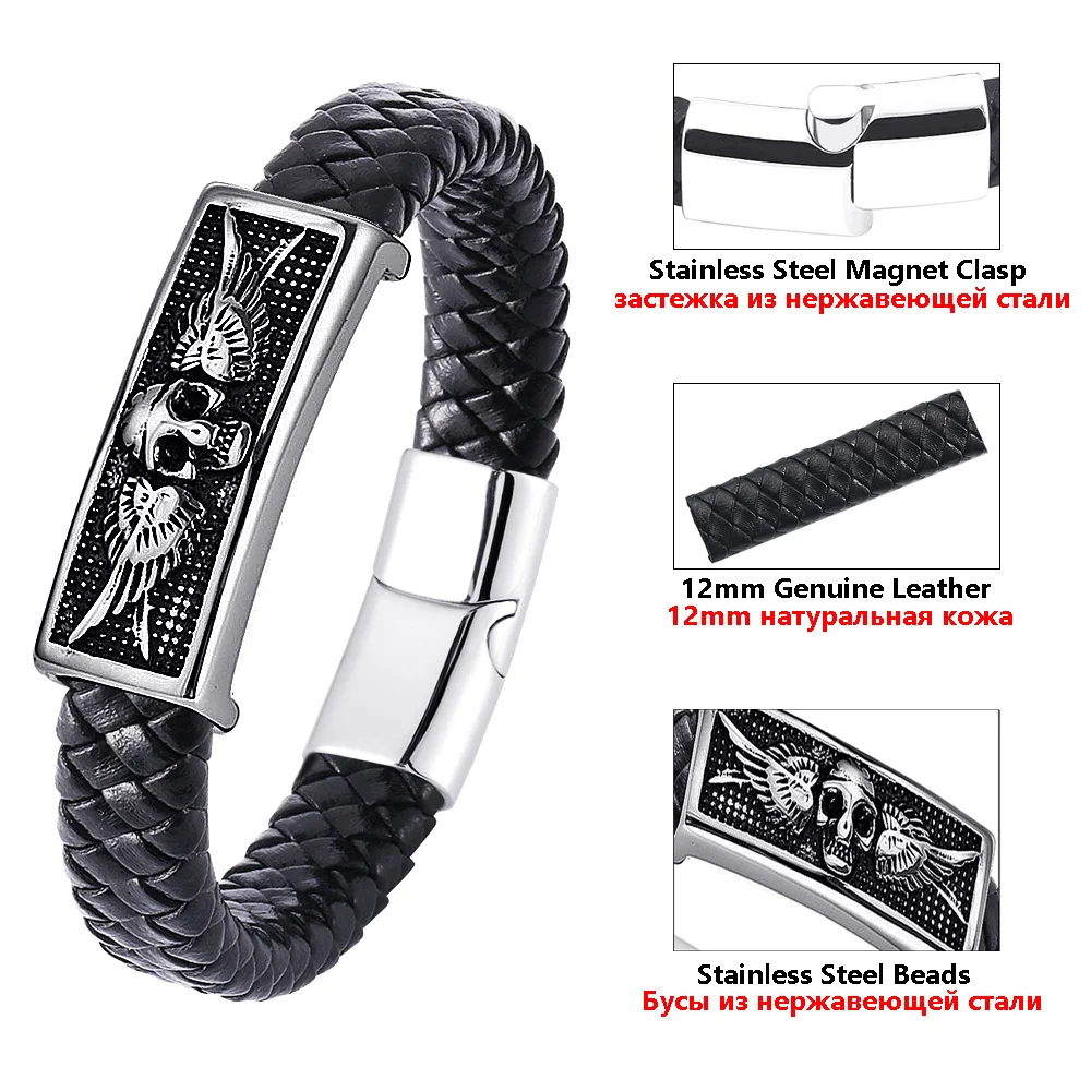 FIREBROS Magnetic Stainless Steel Angel Wing Skull Charm Genuine Leather Bracelet Chunky Exaggerated Men Retro Punk Jewelry Gift | Украшения
