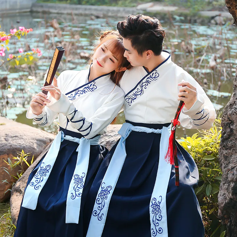 Женский традиционный красный/синий костюм Тан китайское платье для пары Древний