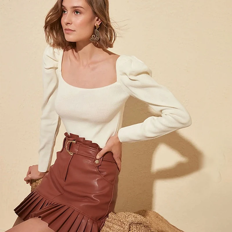 

Sexy Women 2020 Knit Top with Bubble Sleeves Long Sleeves Round Collar Casual Shirt Slim Top with Soft Solid Pullover Top In