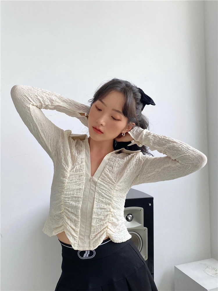 CHEERART Autumn 2020 Ruched Top Long Sleeve Blouse Tunic Crop Top Women Shirt Fashion Crochet Top Designer Clothes