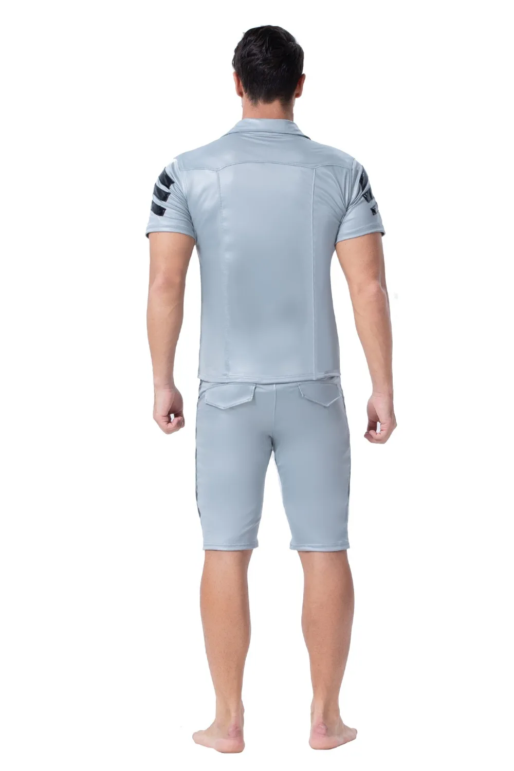 XX149 S-2XL мужские искусственная кожа застежка Брюки с карманами ночной клуб черный ПВХ бондаж шорты Готический полосатый рядом фетиш