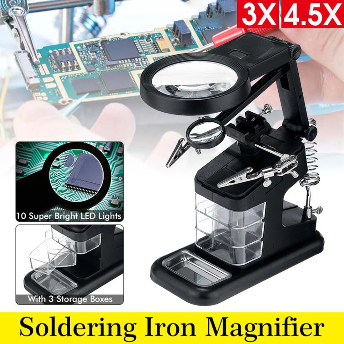 

Подставка для паяльника, инструмент для сварки с увеличительным стеклом и светодиодной подсветкой, зажим типа крокодил, зажим, вспомогател...