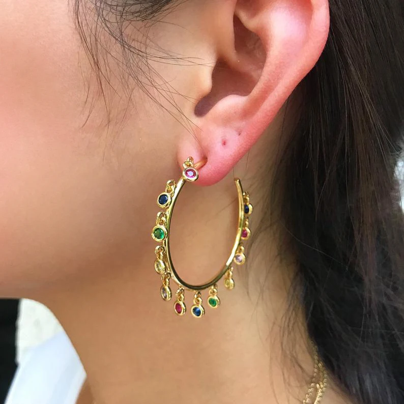 gold filled Multiple Round rainbow cz charm Earrings Jewelry gorgeous circle hoop Chandelier for Women fashion | Украшения и