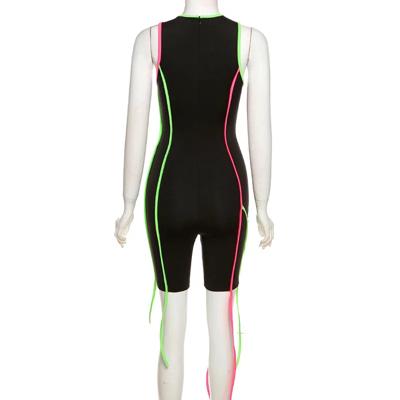 

F.O Ribbons Solid Sleeveless Rompers Women 2021 New Elastic Casual Patchwork O-neck Biker Playsuit Female One Piece Outfits