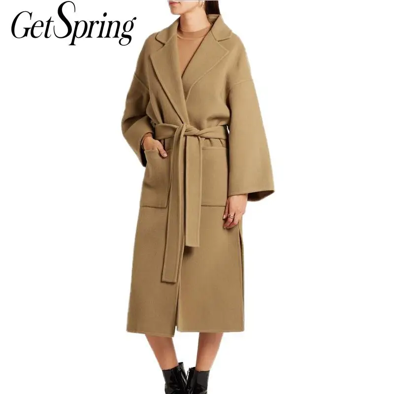 Женское шерстяное пальто GETSPRING длинное однотонное с разрезом и поясом из