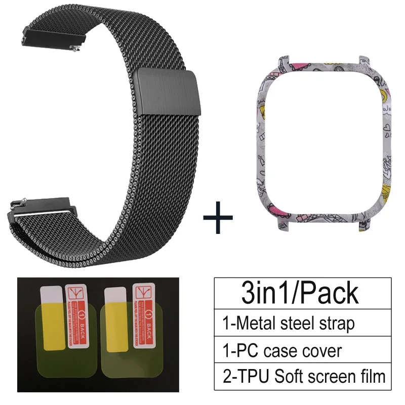black-Tower B 3 в 1 Аксессуары для Amazfit GTS ремешок с чехол металлический Миланский Браслет для Huami Amazfit GTS Band Защитная пленка для экрана - Цвет: black-Tower B