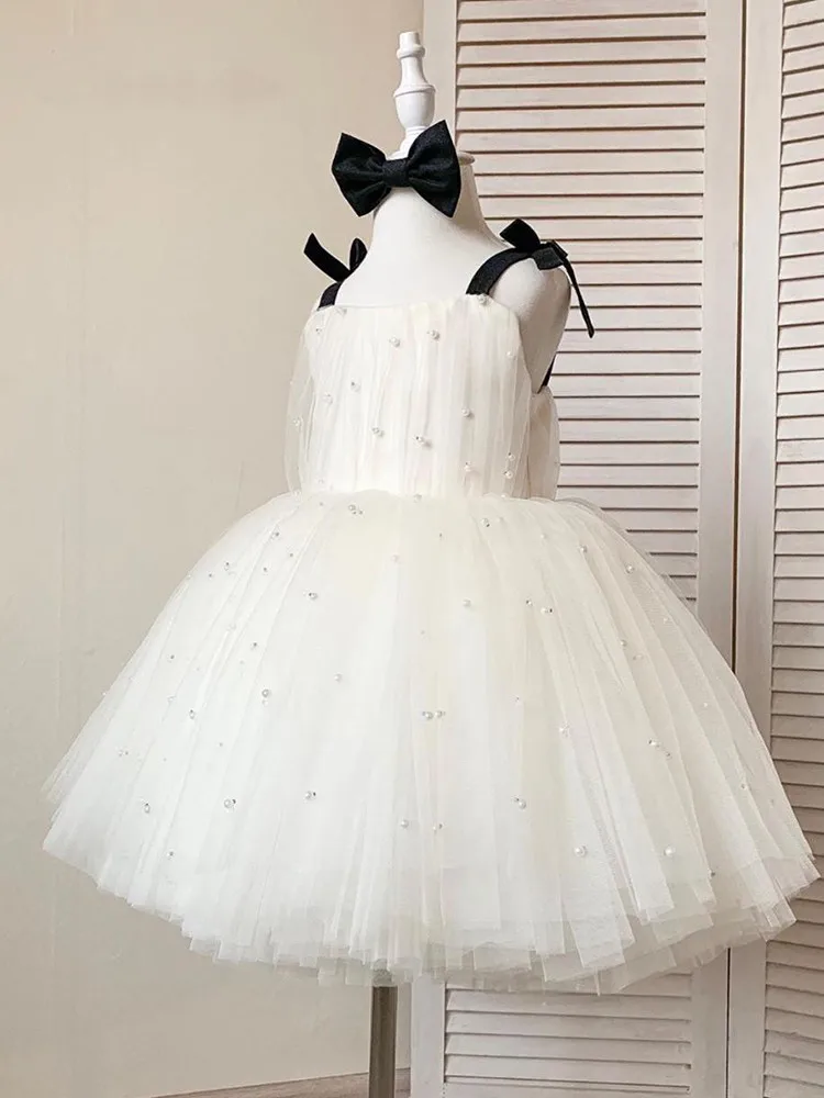 New Puffy Flower Girl Dresses Bow Straps Tulle Layers Ball Gown Pearls Ruched Pageant Dress Vestidos