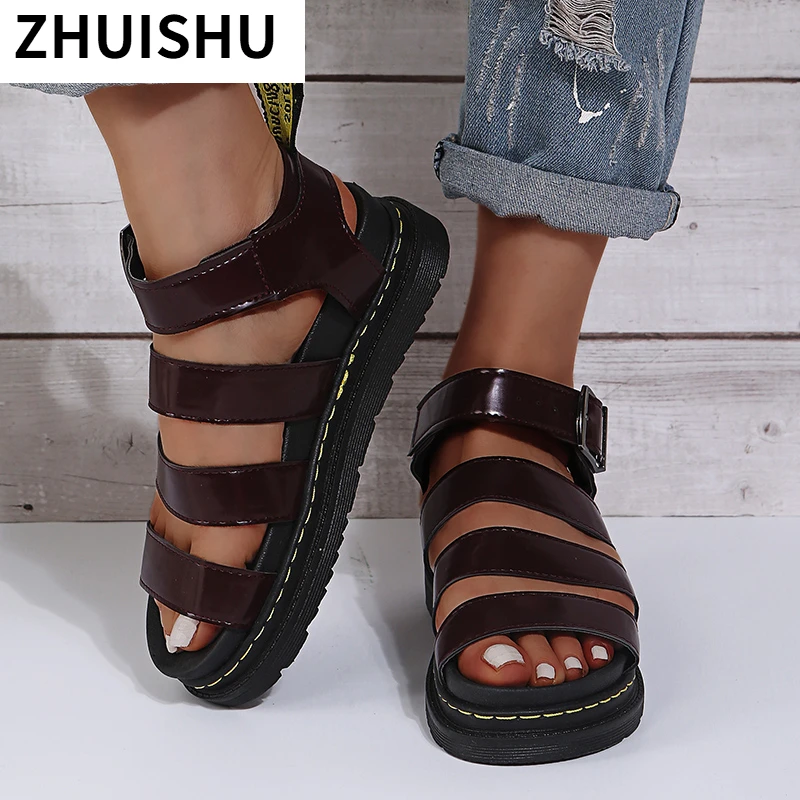 

Summer New Open toe Shoes Women Sandals Flat Platform Sandals Women Soft Patent Leather Gladiator Sandals Female Beach Shoes