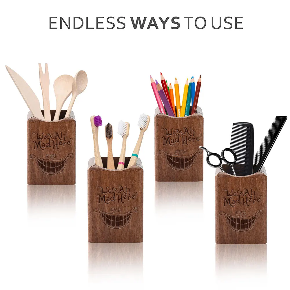 

Pencil Holder Makeup Brush Organizer Black Walnut Beech with Alice in Wonderland Desktop Stationery Pen Storage Box for Desk Kid