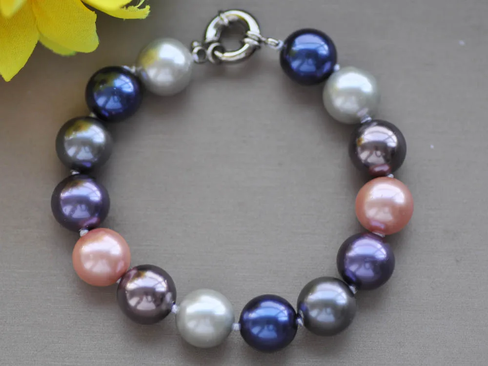 

Z10364 8" 12mm Blue Purple multicolor Round Shell Pearl Bracelet