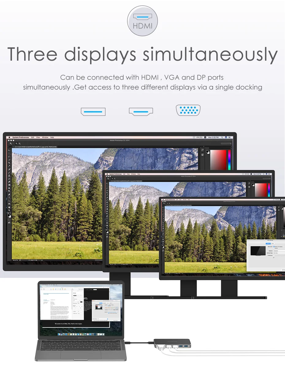Lention USB-C портативная док-станция 1080P с 2 USB 3,0, HDMI+ DisplayPort+ VGA выход, type C данных+ адаптер для зарядки
