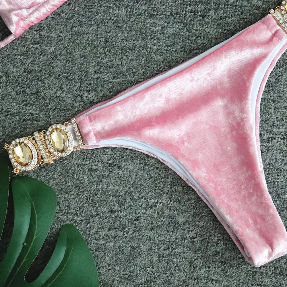 

Pink Velvet Diamonds Rhinestone Swimwear Bikinis Set Halter Bra High Waist Thong Push Up Biquini Bathing Suit Swimsuit Club Wear