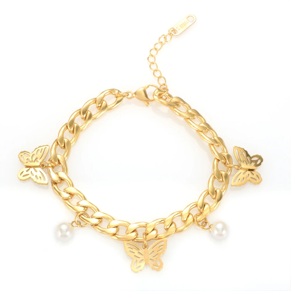 

Hot Sell Jewelry Stainless Steel Cuban Bracelet 18k Gold Plate Women Bracelet with Pearl Butterfly Accessories