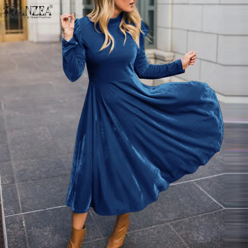 

Платье ZANZEA женское средней длины с бархатом, модное элегантное винтажное вечернее платье, с оборками, весна-осень