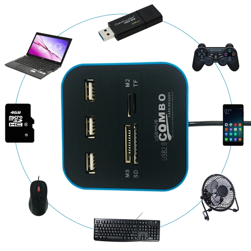 Eoth USB 2,0 usb 3,0 концентратор комбинированный все в одном мультикардридер с 3 портами USB2.0 Hab для MMC/M2/MS синий цвет компьютера ноутбука