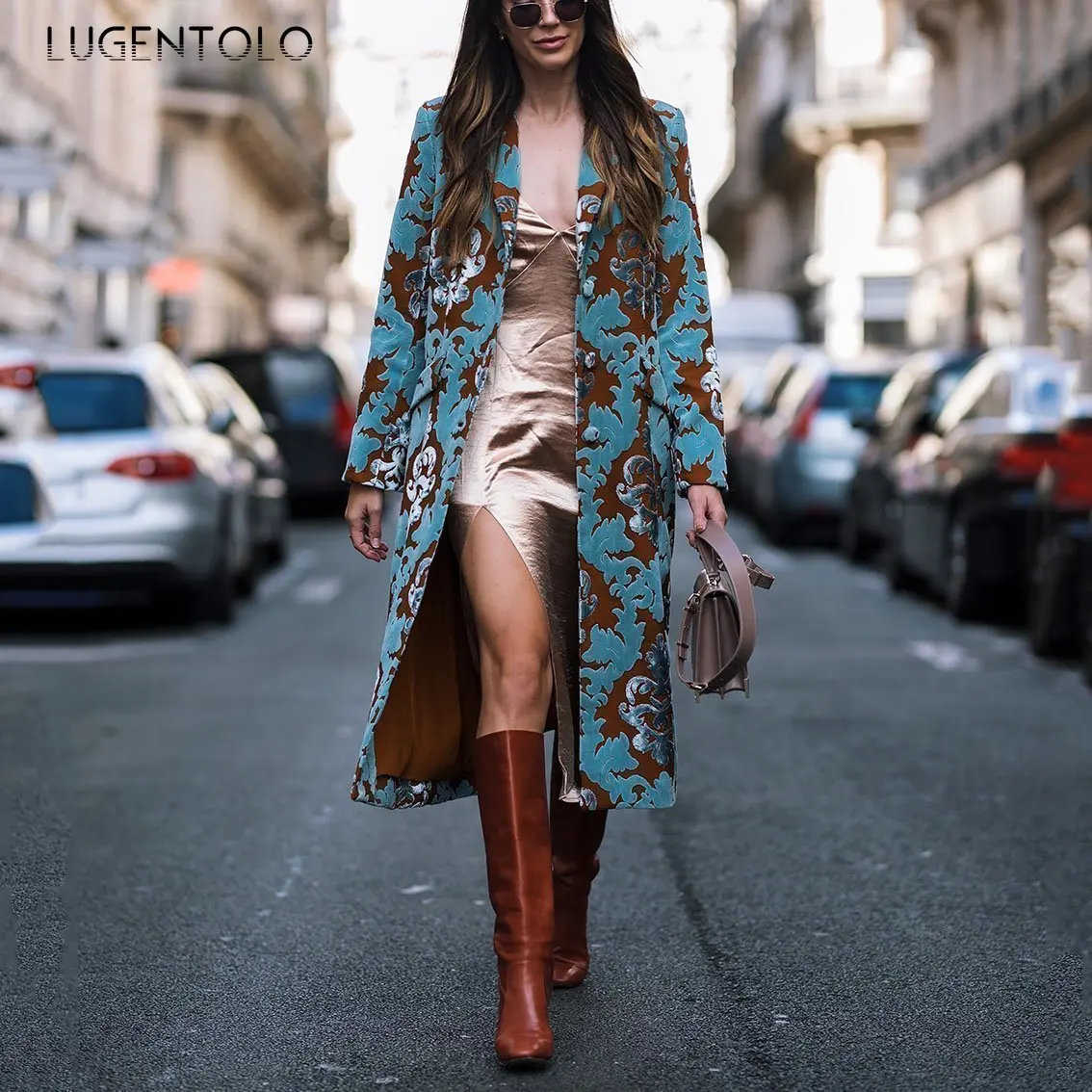 

Lugentolo Women Elegant Trench Coat Fashion Lapel Floral Printed Single-breasted Long-Sleeved Loose Straight Female Long Coat