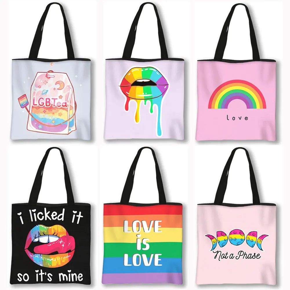 

Pride Lgbt Gay Love Lesbian Rainbow Lips Handbag Bisexual Tote Bags Love Is Love Shoulder Bag for Travel Pansexual Shopping Bag