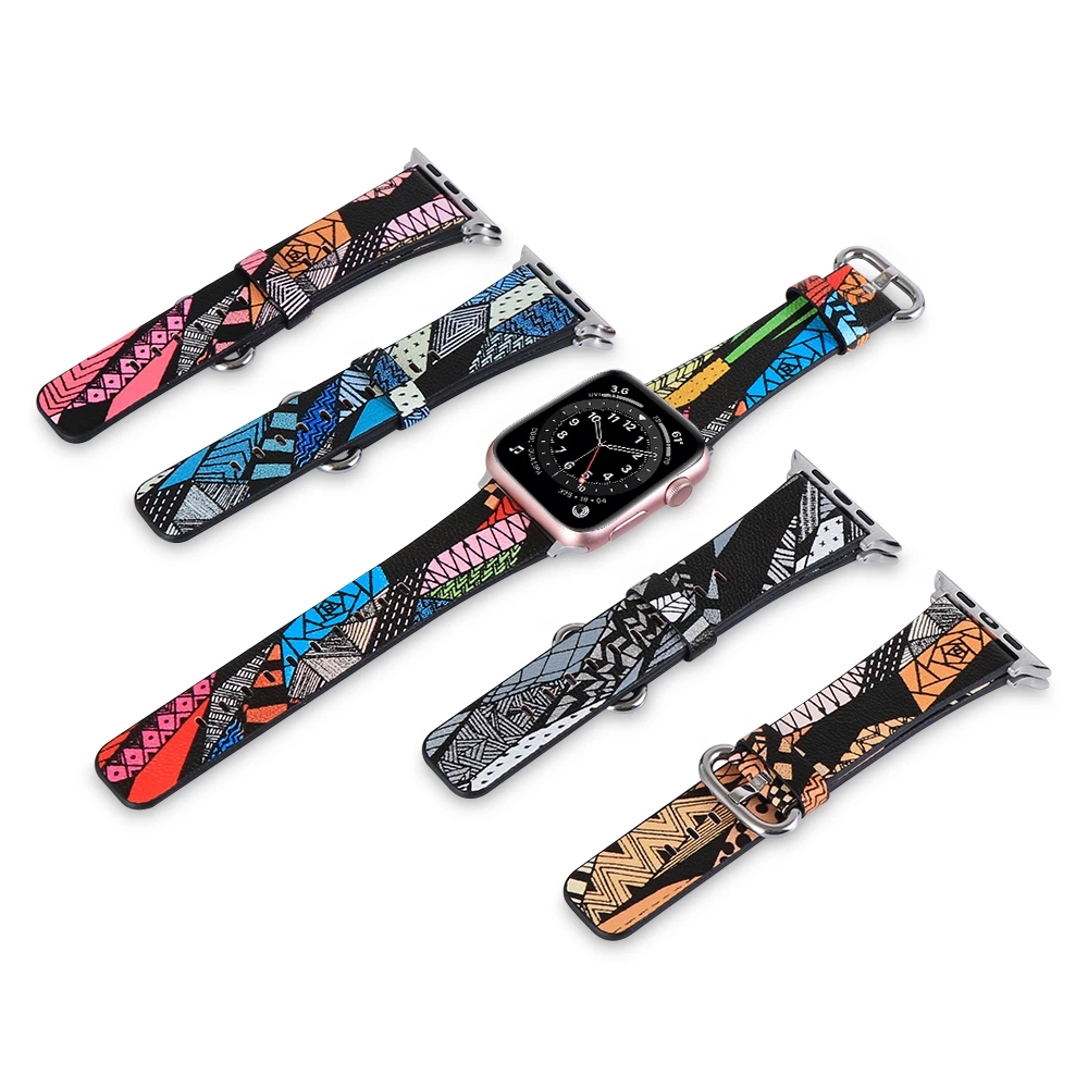 Ремешок кожаный для Apple Watch 6 5 4 SE Series браслет с национальным цветочным принтом в