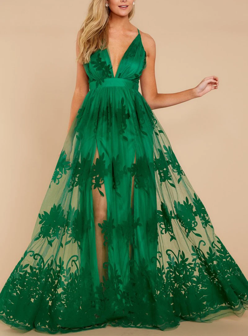 

Women Strap Sexy Deep V Mesh Embroidered Party Dress