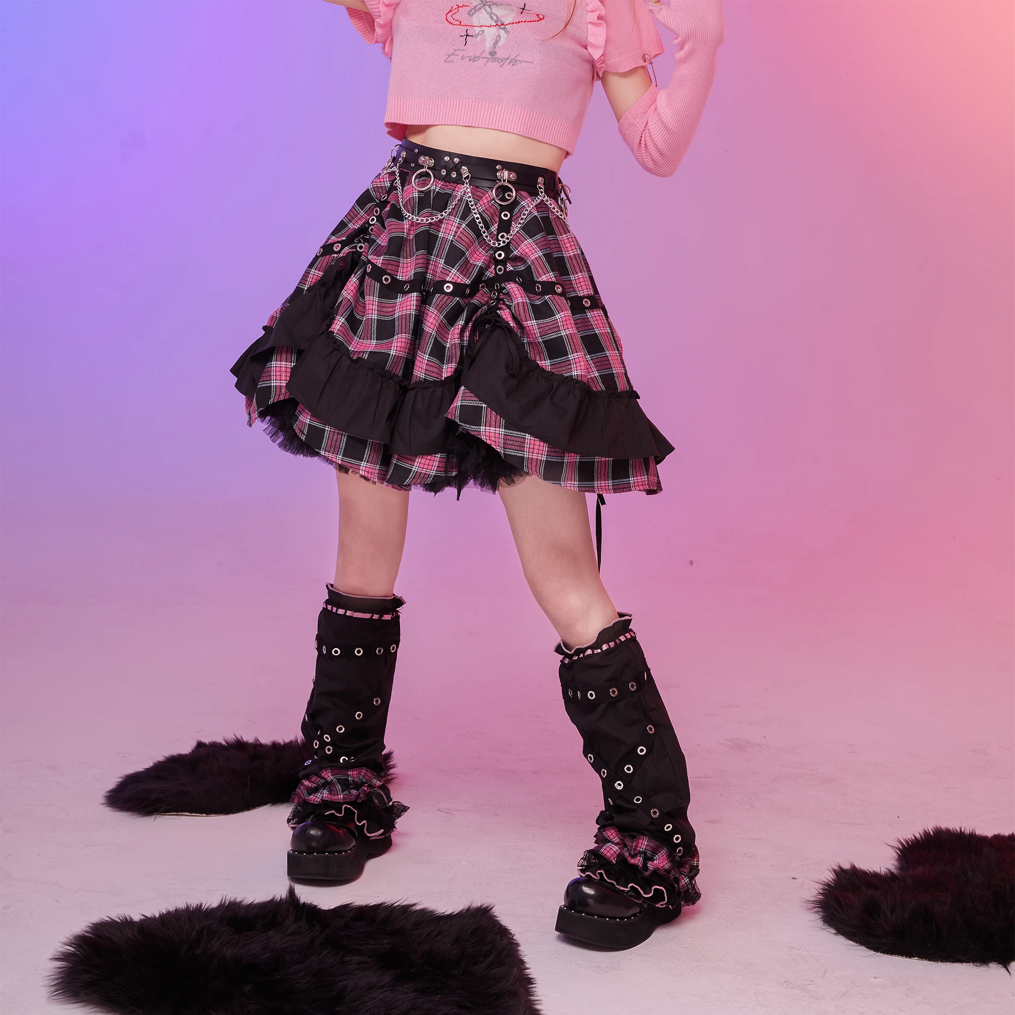 Original Design Toochache Pink Plaid Ball Gown Skirt Japanese Sweet Light Lolita pleated cake Skirts