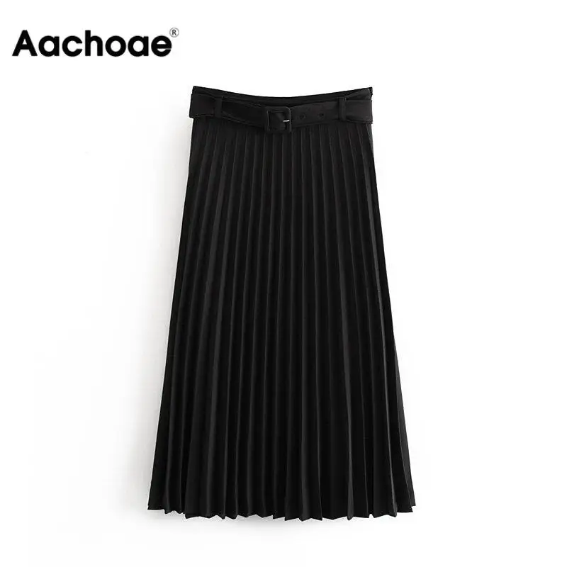 Юбка миди Женская плиссированная черная с высокой талией и поясом|Женские юбки| |