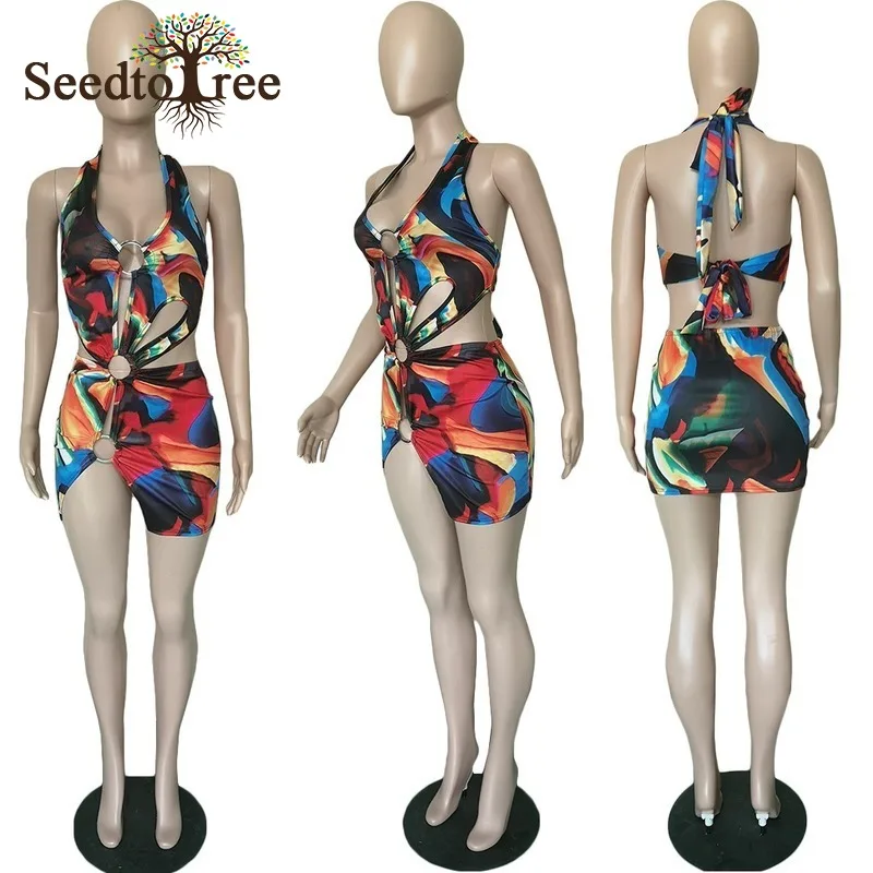 Летнее платье без бретелек с принтом и разрезом сексуальное женское мини-платье