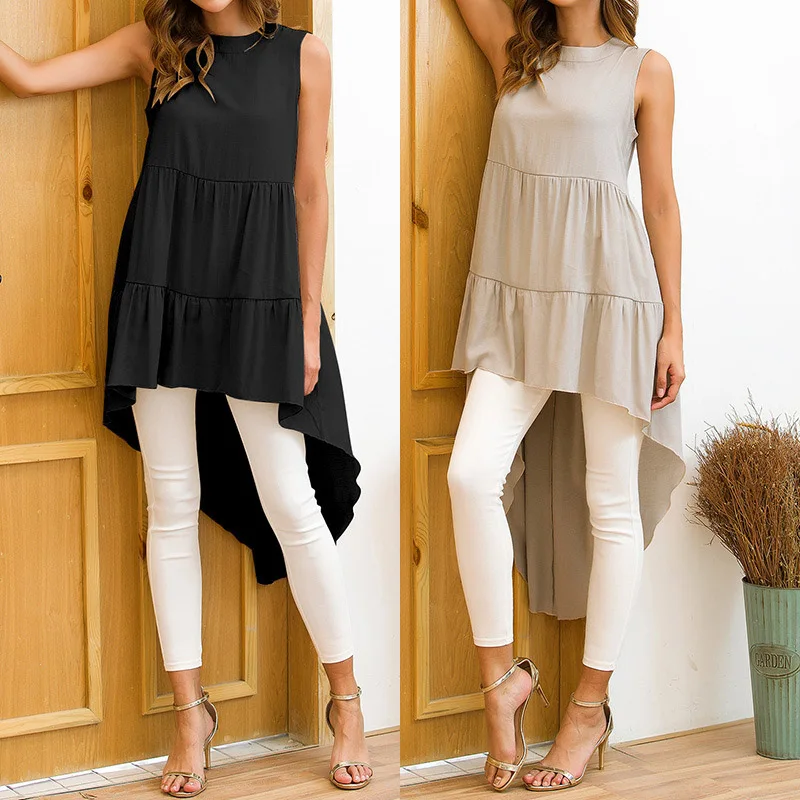 

Women Sleeveless Irregular Hem T-shirt Summer Travel Backless Pleated Oversize Tee Tops A66