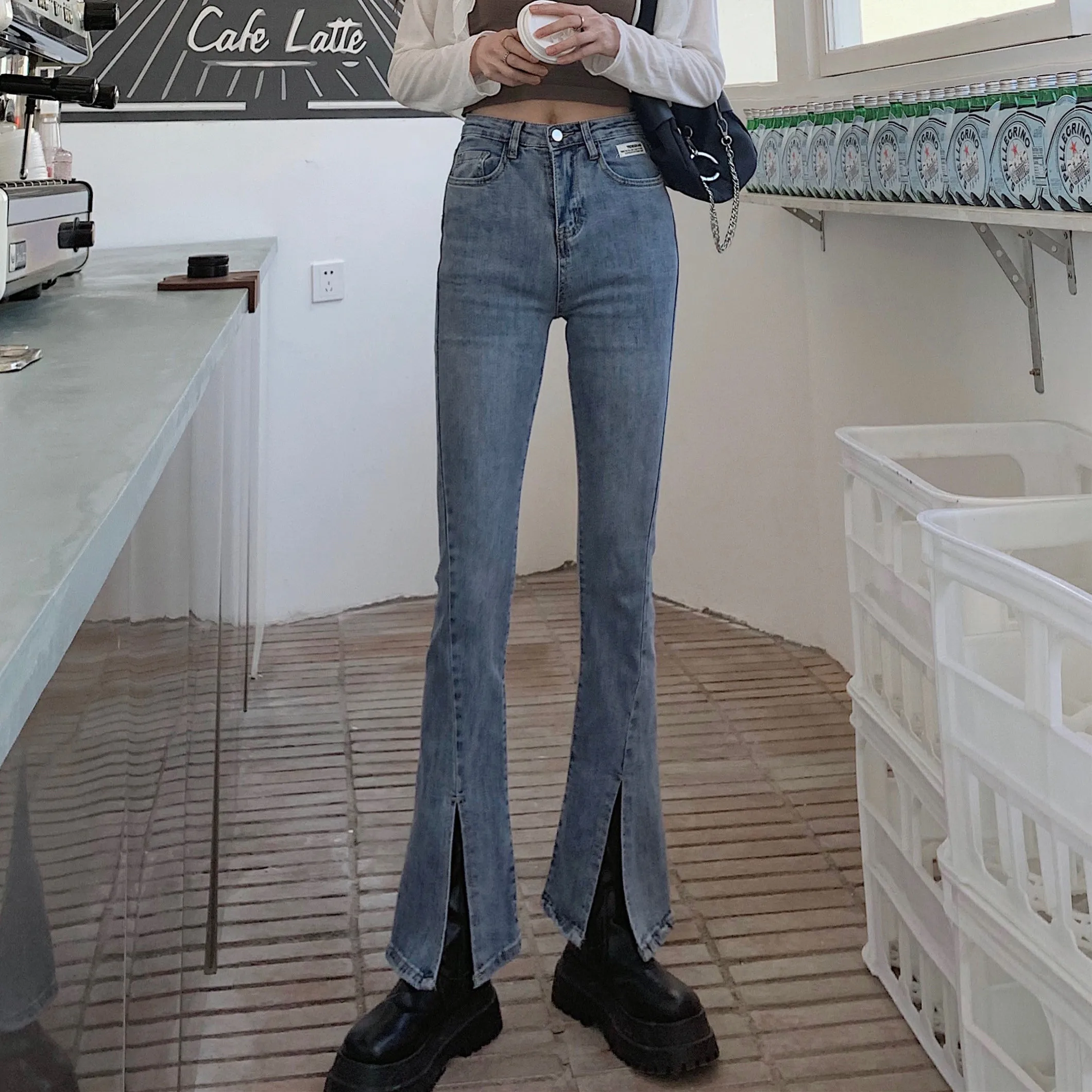 

Early Spring New Style Retro Pants Women's Hong Kong Style Straight Design Sense Split High Waist Slimming and Tight Denim