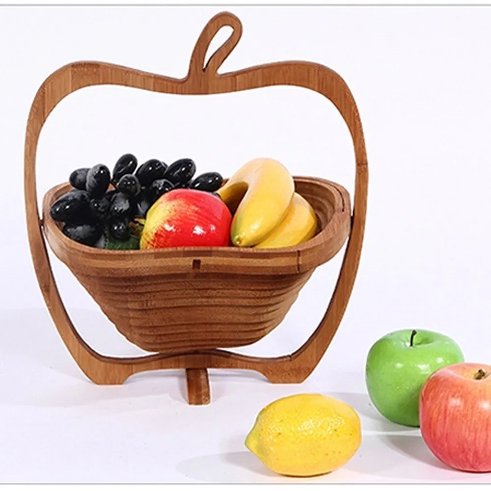

Foldable Apple Shaped Bamboo Kitchen Fruit Plate All Natural Foldable Display Stand Kitchen Stand Living Room Fruit Decoration