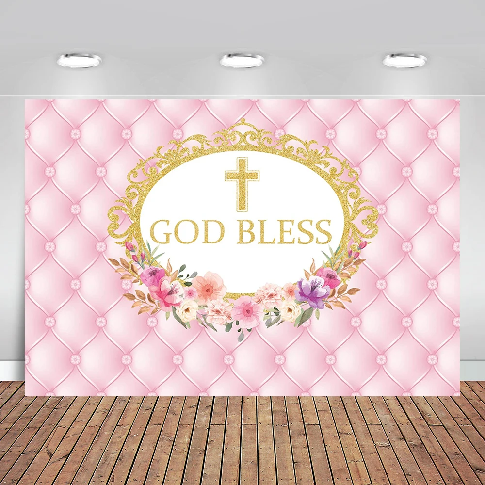 

Pink Floral God Bless Backdrop First Communion Baptism Christening Golden Cross Background Baby Shower Birthday Party