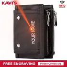 Кошелек KAVIS мужской из натуральной воловьей кожи, короткий бумажник с кармашком для мелочи, маленькая кредитница с двойной молнией и гравировкой