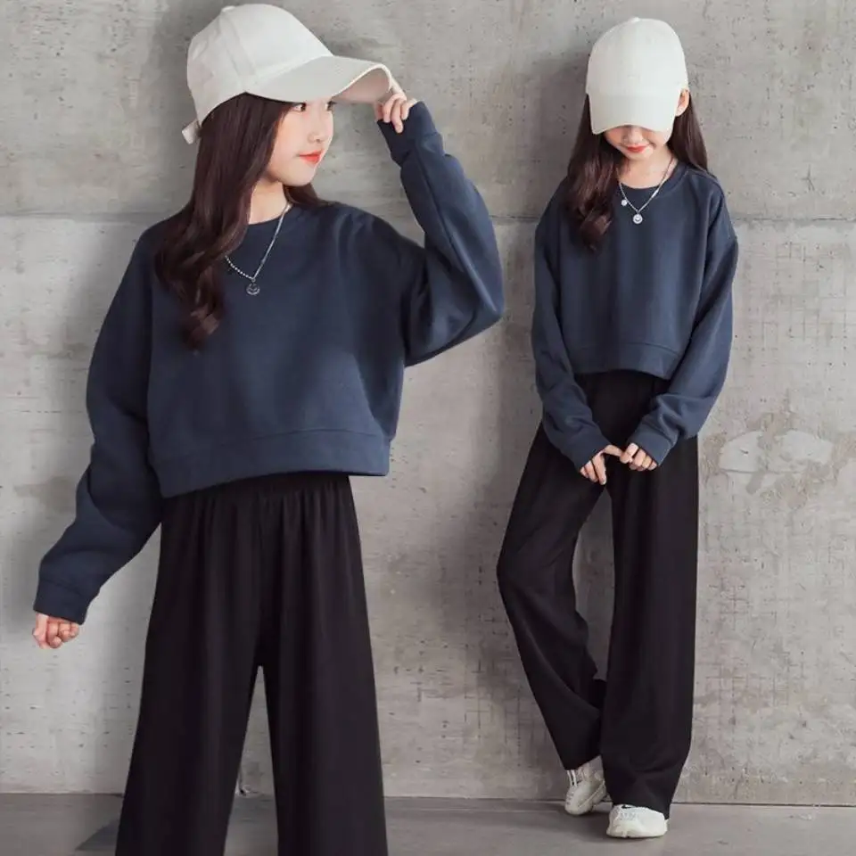 

2021 Spring and Autumn New Girls' Suits Fashion Simple Wide-leg Pants Big Kids Sweaters Exquisite Trendy Outfits Two-Piece Suit