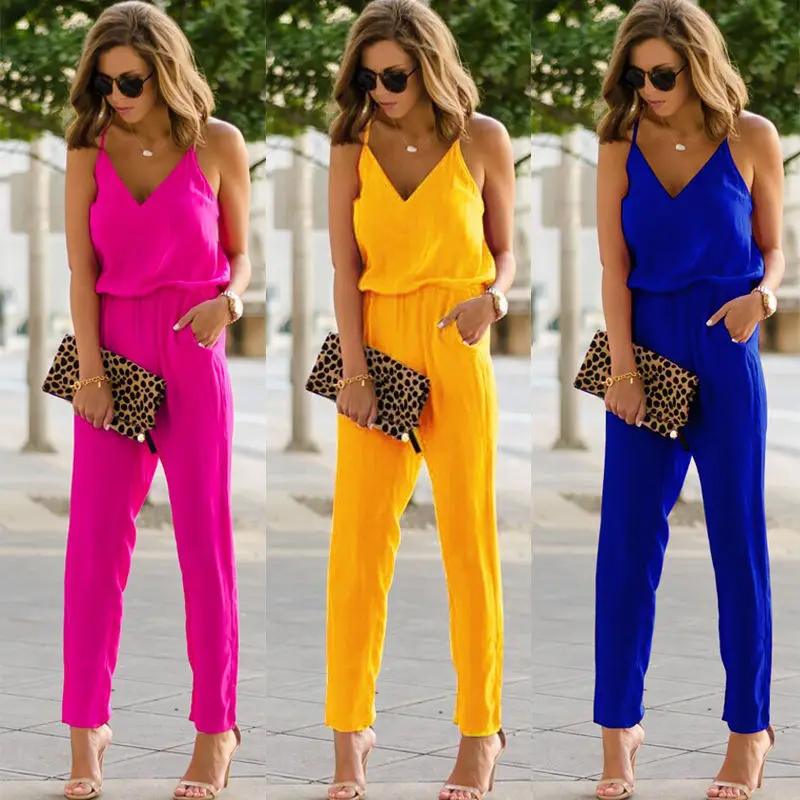 

Spring and summer new women's Wish Europe and Europe sling jumpsuit trousers womens pants Bamboo Fiber Full Length Solid