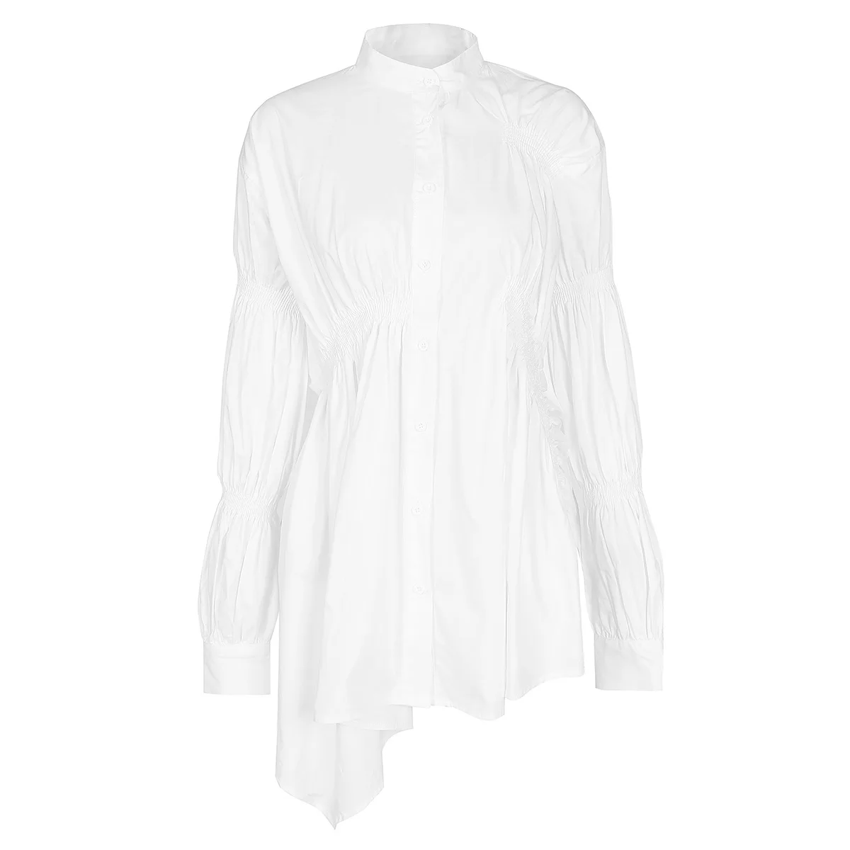 

DEAT 2021 new spring and summer stand collar puff sleeves single breasted pleated asymmetrical shirt dress vestido