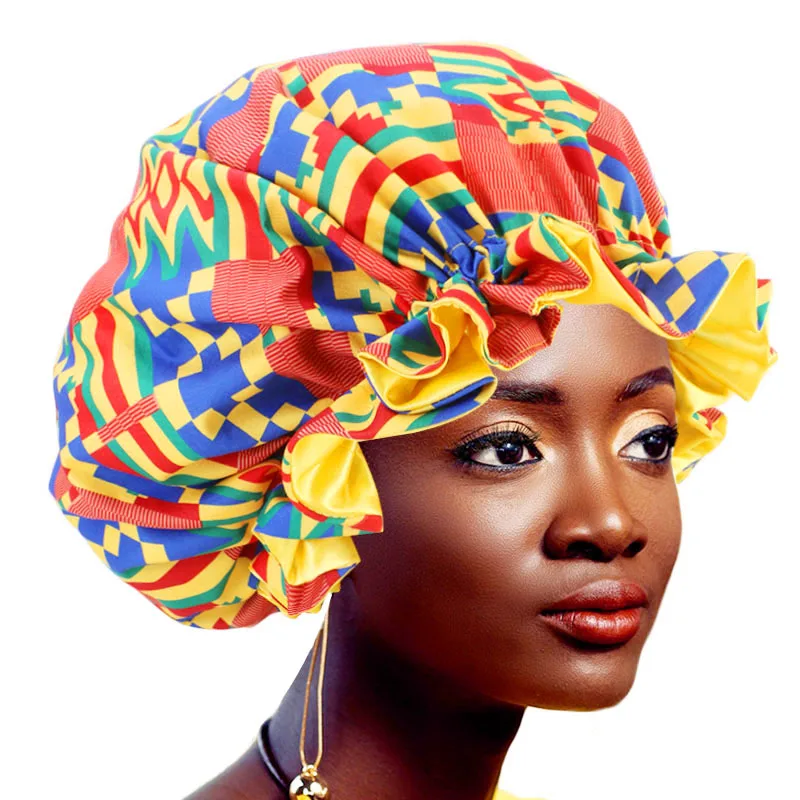 

12pcs/lot Women Extra large Satin Lined Bonnets African Pattern Print Fabric Hair Loss Cap Ankara Bonnet Night Sleep Hat Turban