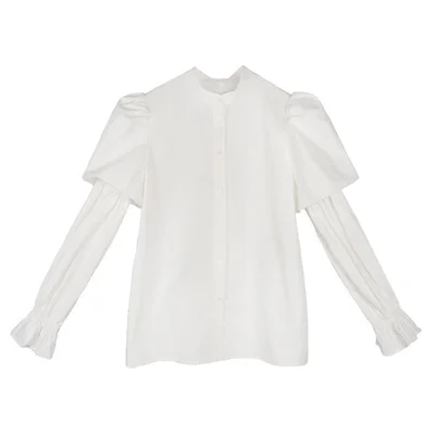 

LYNETTE'S CHINOISERIE Spring Autumn Original Design Women Royal Vintage Puff Sleeves Loose Cotton White Shirts/Blouses