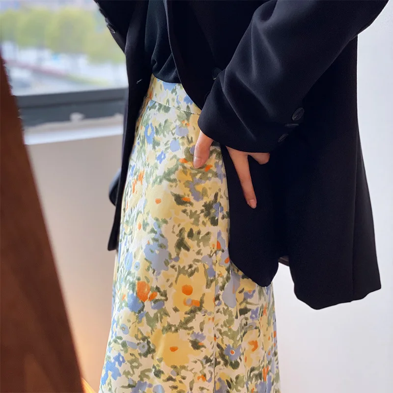 Женская юбка-трапеция средней длины с высокой талией голубая юбка цветочным