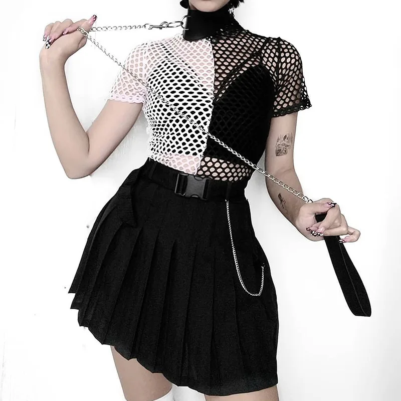 

Summer new personality mesh sexy black white stitching contrast color perspective T-shirt