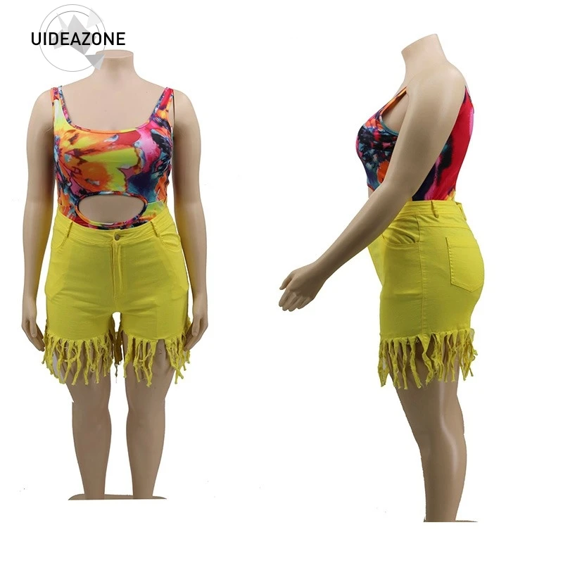WA02920 Большие размеры 4XL 5XL повседневные винтажные шорты с кисточками женские эластичные шорты с высокой талией Летние уличные неоновые желтые байкерские шорты - Цвет: WA02920
