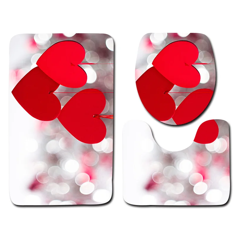 

3pcs Toilet Bath Mats Set Rose Pattern Flanne Bathroom Rugs Set Non-slip Mats For Bathroom Floor Rugs Toilet Lid Cover Rugs