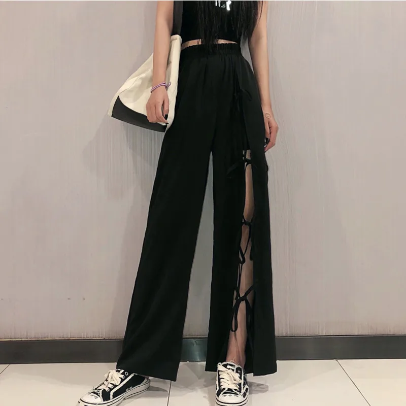 

Black Split Pants Women's Solid High Elastic Waist Slimming Pocket Trousers Nice Autumn Hot Sexy Hollow Out Strip Wide Leg Pants