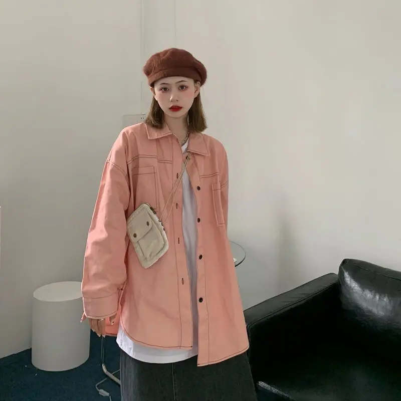 

Women's jacket spring Korean pink solid color Button Shirt loose student all-match long-sleeve streetwear sweet casual coats