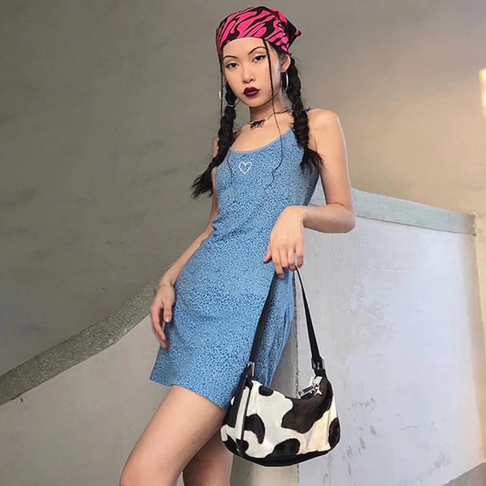 

2021 Summer Cute Mini Dress Blue Leopard Print Bodycon Dress Spaghetti Strap Backless Sexy Dresses High Waist Streetwear Dress