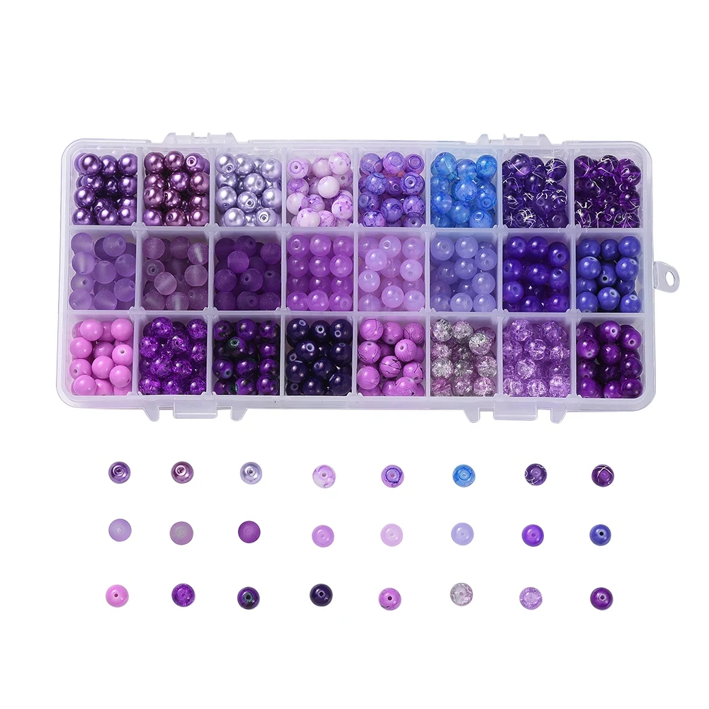 

1 Box 8mm 24 Colors Mixed Style Gradient Color Round Glass Beads , Dyed , Hole: 1.3~1.6mm; about 27~30pcs/color, 648~720pcs/box