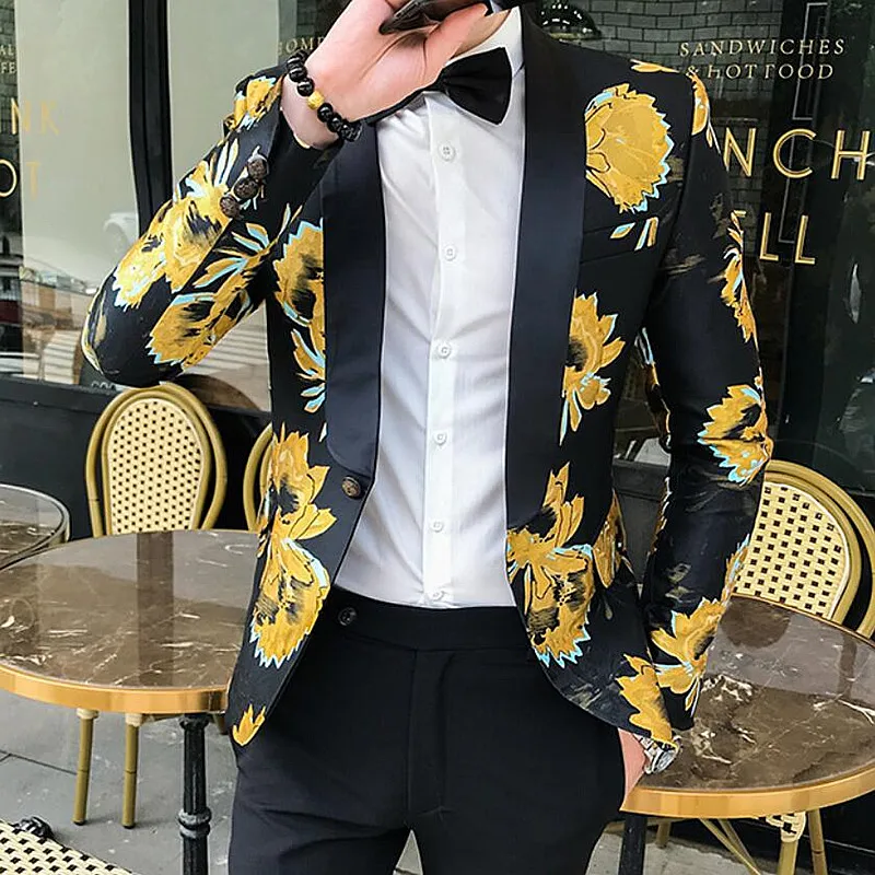 Новинка 2019 цветочный Мужской Блейзер черный золотой принт повседневный мужские